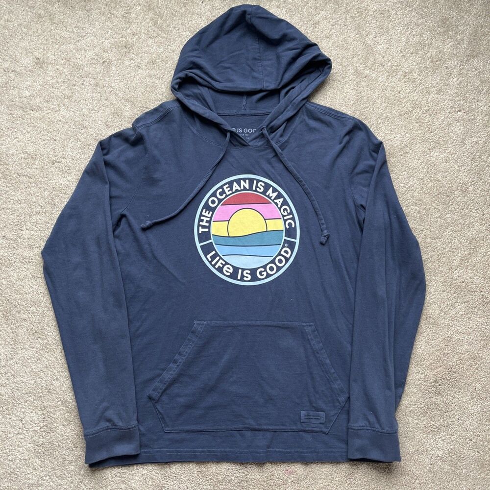 Life is Good Hoodie Womens Medium Crusher Blue Ocean is Magic Hipster Beach Surf
